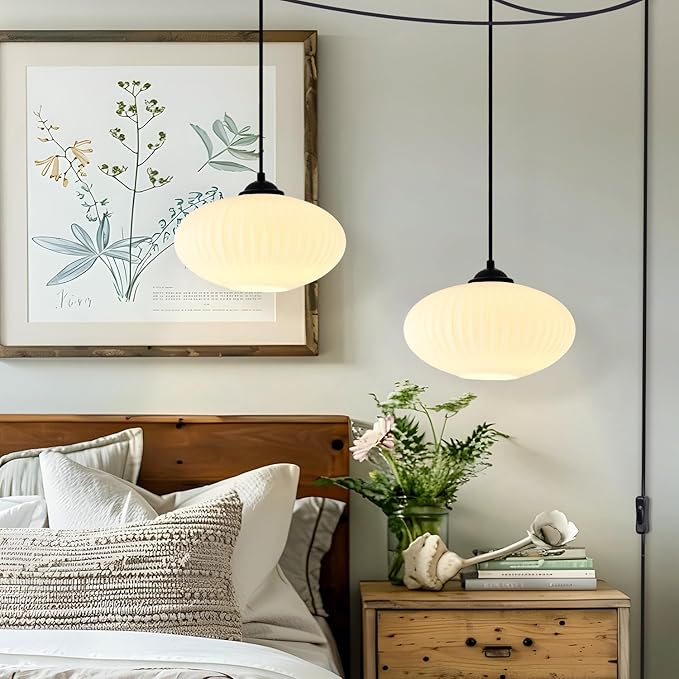 Mid Century Modern Hanging Lights with Plug in Cord Large Milk Glass Pendant Light Black Industrial Pendant Light Plug in Hanging Light Fixture for Bedroom