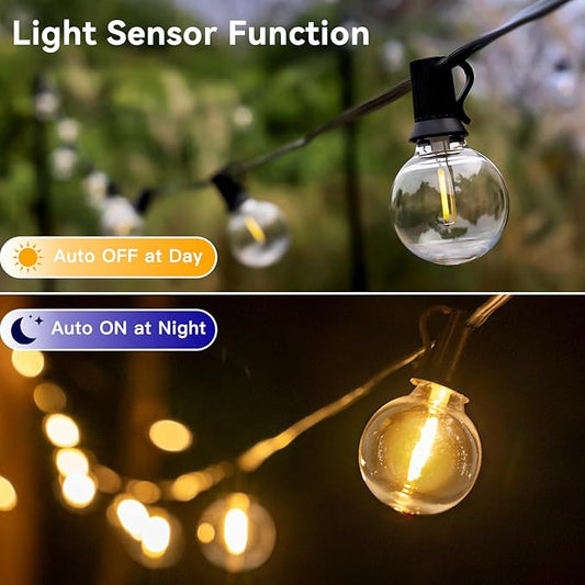 50FT Outdoor String Lights with Remote Dimmer, 25 + 2 Spare Led G40 Bulbs Connectable Dimmable Balcony Lights, Support Timer Waterproof Shatterproof for Patio Porch Garage Cafe