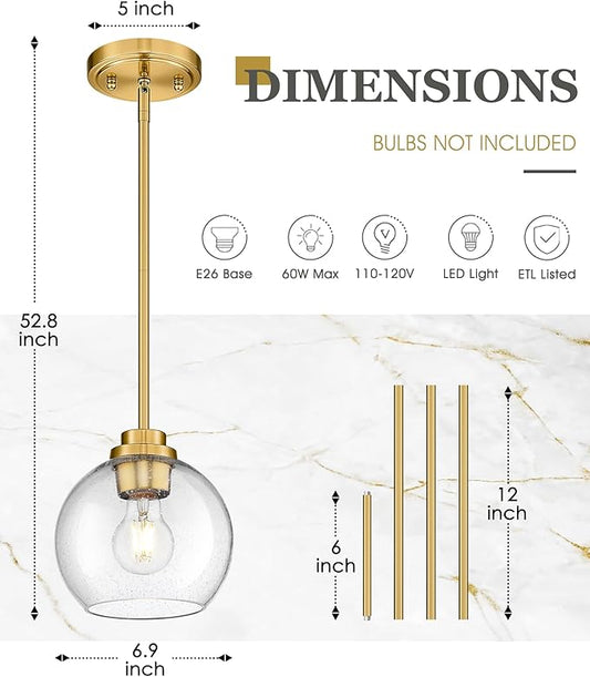 Pendant Lights Kitchen Island, 7" Modern Brushed Gold Hanging Lights Fixtures with Clear Seeded Glass Globe Shade, Kitchen Island Lighting for Bathroom, AD-22280-1P-GD-S