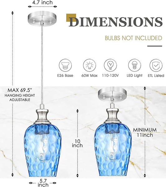 Pendant Lights Kitchen Island, Modern Brushed Nickel Hanging Lights Fixtures with Hand-Blown Hammered Blue Glass, Farmhouse Kitchen Island Lighting Over Sink, AD-24027-1P-SN-BL