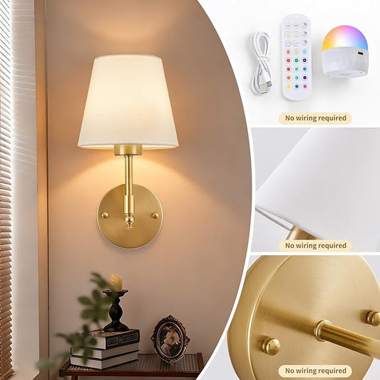 Battery Operated Wall Sconce Set of 2, Rechargeable Wireless Wall Lights with fabric Lampshade, 5200mAh Dimmable Bulbs with Remote,15 Colors Wireless Wall Lamps for Bedroom Living Room Hallway Decor