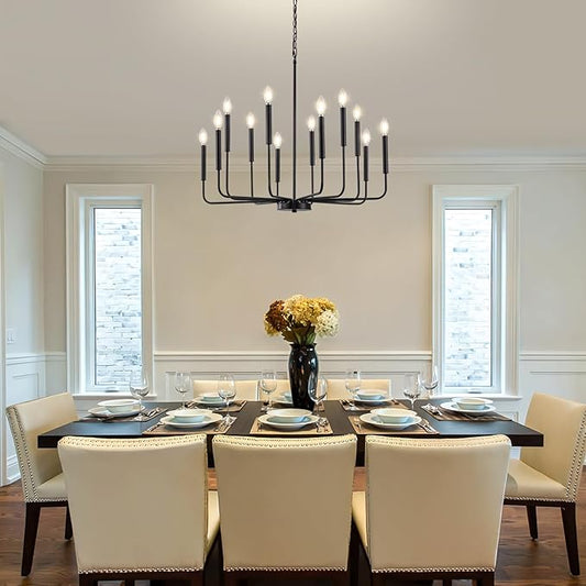 Modern Black Chandelier for Dining Room,Metal 12-Light Kitchen Light Fixtures, Farmhouse Candle Hanging Pendant Light for Living Room Entryway Foyer Bedroom (Bulbs Not Included)