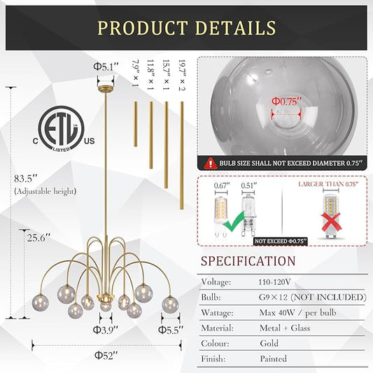 CATINER Gold Chandeliers 12 Lights Modern Sputnik Chandelier Large L52”Mid Century Ceiling Pendant Light Fixtures with Smoke Glass Globe Shades for High Ceiling Living Dining Room Foyer Staircase