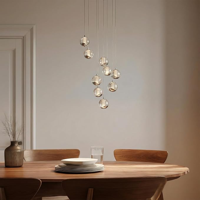 9-Light Modern Chrome Glass Globe Chandelier, Hanging Cluster Pendant Light Kitchen Island & Foyer Chandelier, Warm White 3000K, 4230 Lm, LED Modern Chandelier, Ø 15.7 in