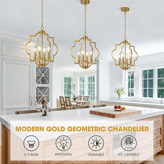 4-Light Brushed Gold Chandeliers for Dining Room, 15.6" Farmhouse Geometric Pendant Light Fixture for Entryway Foyer Kitchen Bathroom Over Sink