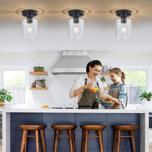 YYT Small Kitchen Ceiling Lights Black Hallway Light Fixtures Hallway Light Fixtures Ceiling Black 1-Light Semi Flush Mount Ceiling Light Single Light Fixture with Clear Glass Shade Pack of 3