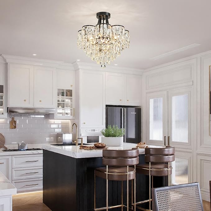 WUZUPS Crystal Chandelier Semi-Flushmount Ceiling Light Modern Lighting Fixture for Bedroom Hallway Entry Kitchen Bathroom, H 19.3" x W 18.3", E12 Base, Black