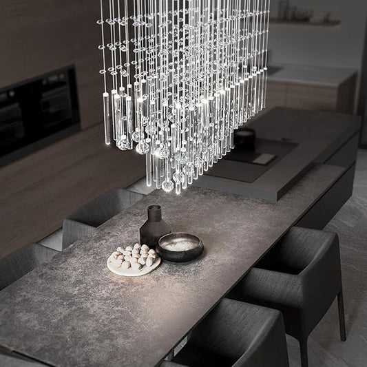 Flashing God D24''XH28'' Rectangular Crystal Chandelier SilverRectangle Pendant Ceiling Light Fixture Raindrop Chandelier for Dining Room Living Room Kitchen Island Bar