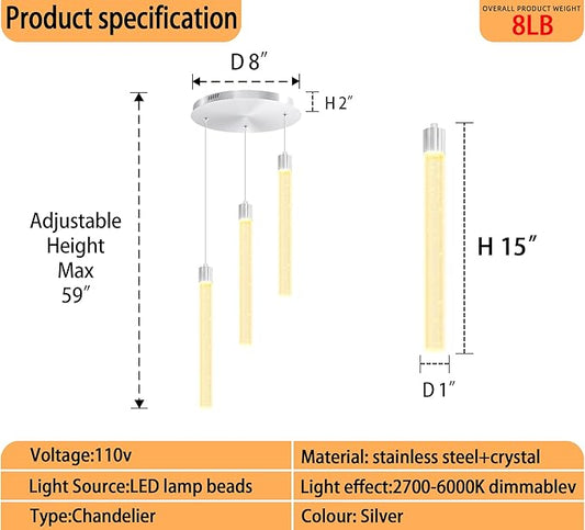 Modern Led Crystal Column Chandelier 3-Light Silver LED Pendant Light for Kitchen Island Foyer Entryway Dimmable Hanging Pendant Lighting 2700K-6000K
