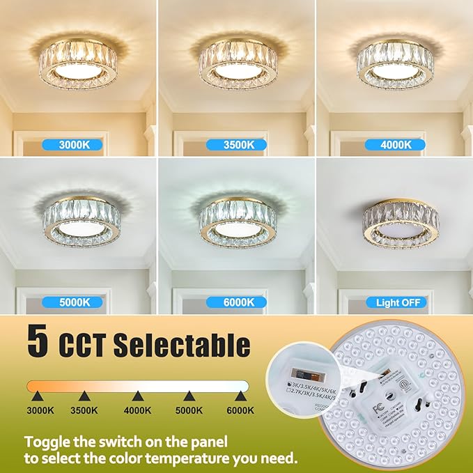 Gold Luxury Crystal Flush Mount Ceiling Lighting Fixture,11 Inch Small Dimmable LED Chandelier,5CCT 3000K-6000K 24W Modern Round Close to Ceiling Light for Hallway,Kitchen,Bedroom,Laundry Room
