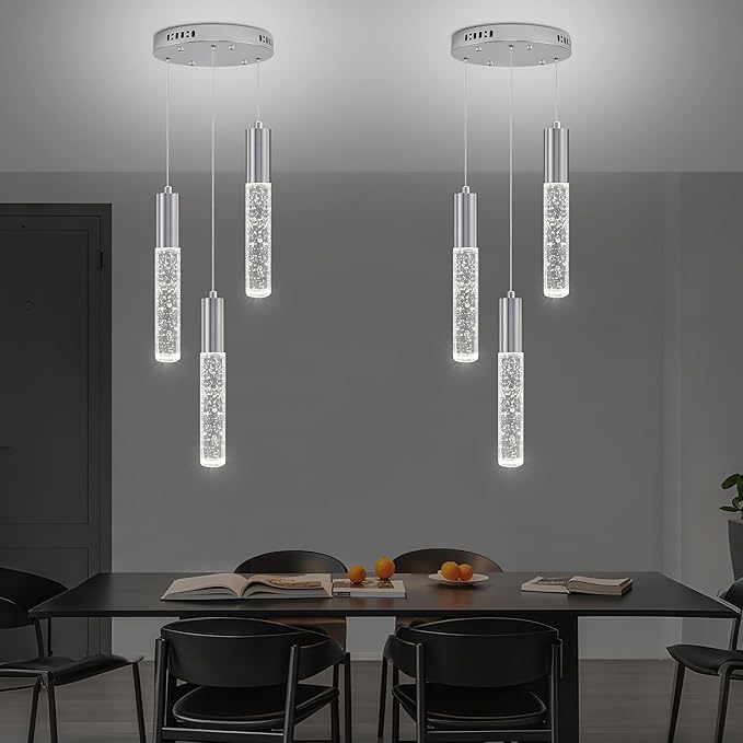 Modern Crystal Chandelier for Kitchen Island 3-Lights, Elegant Chrome LED Bubble Pendant Lighting Fixture for Dining Room Bedroom Entryway