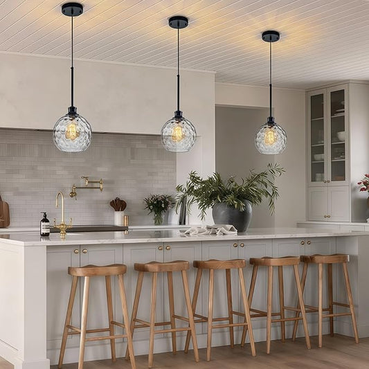 Globe Pendant Light Fixtures, 2 Pack Glass Black Pendant Lights Kitchen Island with 7.8" Clear Hammered Glass, Adjustable Hanging Island Lights for Kitchen Bathroom Sink Entryway Dining Room