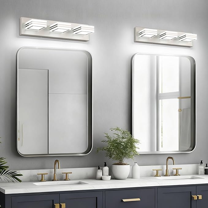 SOLFART LED Bathroom Vanity Light Fixtures: 3 Light Brushed Nickel Modern Acrylic Bathroom Wall Lighting Fixtures Over Mirror 20in