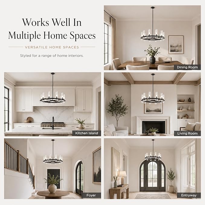 32 Inch Black Cross Wagon Wheel Chandelier with Glass Shades, 10 Lights X-Frame Farmhouse Chandelier, Modern Rustic Pendant Light for Dining Room, Kitchen Island, Entryway