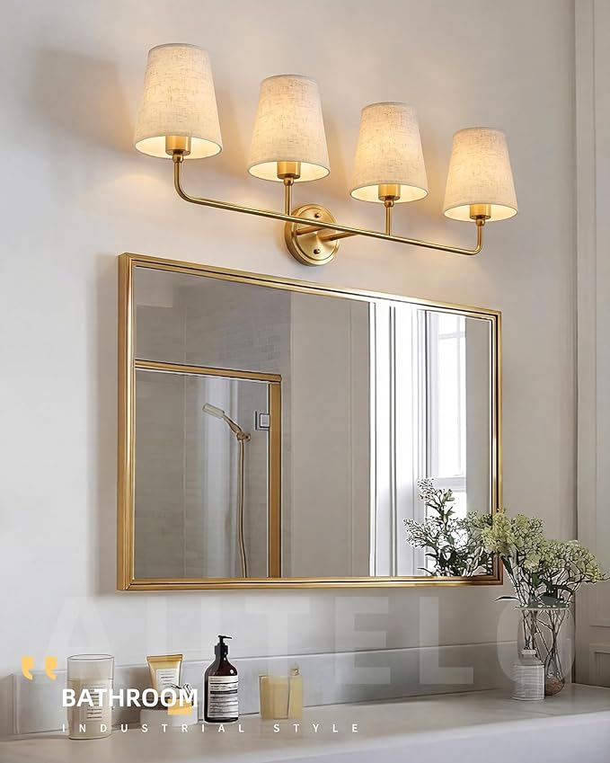 AUTELO Gold Vanity Light, 4 Light Bathroom Vanity Light with Fabric Linen Shade, Lighting Fixtures Over Mirror, Vanity Light Fixture for Bathroom Dressing Room, W2664-4 BG