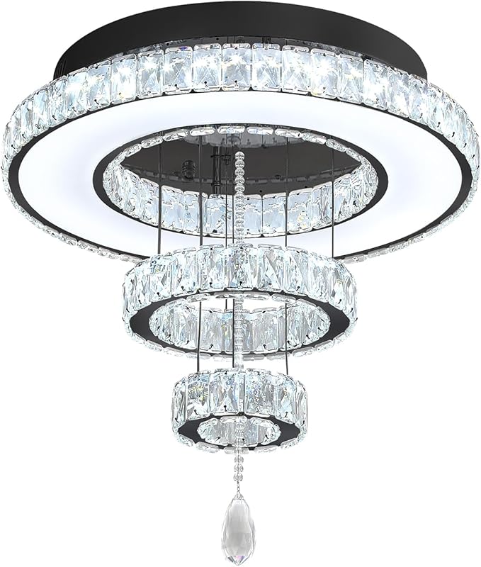 Flashing God Dia 24" Modern Chandelier for Living Room Black Crystal Ceiling Chandelier Flush Mount Ceiling Light for Dining Room Bedroom Hallway LED Light Fixture Dimmable with Remote