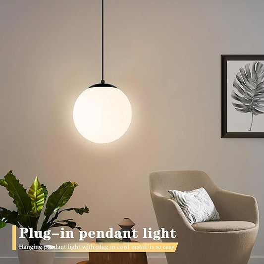 KoKo&Yukina 10" Globe Pendant Light Black Plug in Pendant Light Adjustable Hanging Lights with Plug in Cord Matte Black Finished with Milk Glass Lampshade for Bedroom Kitchen Island(Bulb Included)