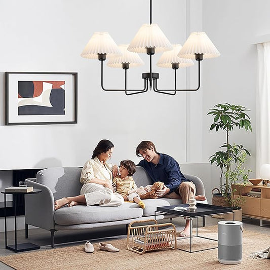 Farmhouse Chandelier, 5-Light Modern Chandelier with White Pleated Fabric Shades, Black Dining Room Light Fixture Chandelier for Dining Room Bedroom Hallway Kitchen Island, Height Adjustable