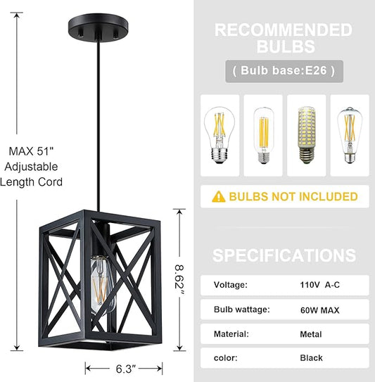 1 Light Hanging Rustic Farmhouse 6.3" Metal Lantern Cage Pendant Ceiling Light Fixture Over Sink Dining Room Bedroom Kitchen Island 3 Pack Black