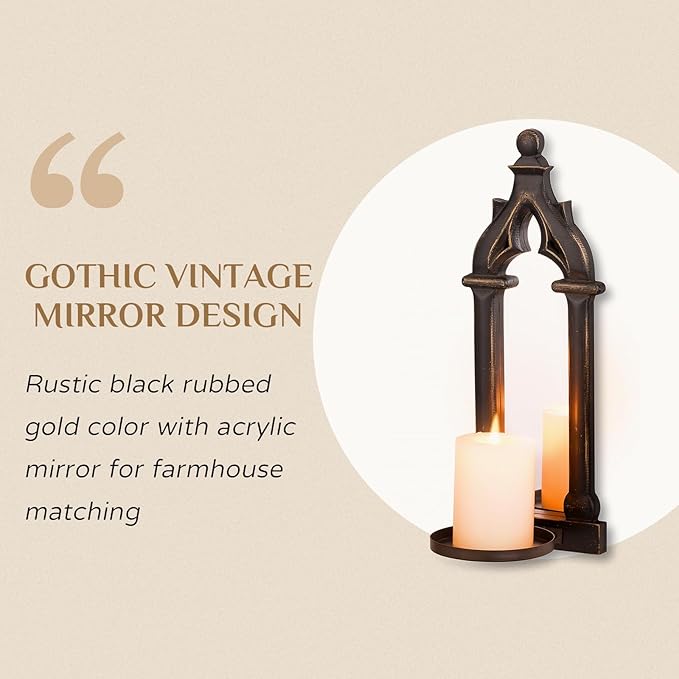 Candle Sconces Farmhouse Wall Decor - Black Gothic Dark Mirror Wall Candle Holder for Halloween Art Decorations - Wood Rustic Candles Sconce Set of 2 for Livingroom Fireplace