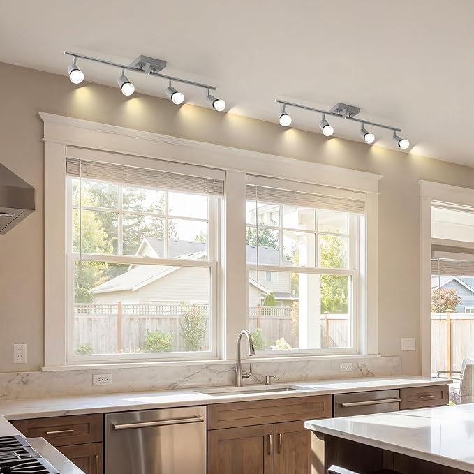 4-Light Nickel Track Lighting Kit, Adjustable GU10 Ceiling Spotlight Fixture with Rotatable Heads, Modern Flush Mount for Kitchen Island, Hallway, Living Room (Bulbs Not Included)