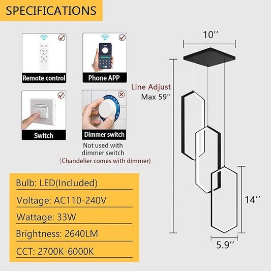 3-Rings Dimmable Pendant Lighting Adjust LED Mini Chandelier Ceiling Light Fixtures for Kitchen Island Dining Room Living Room Bedroom Black