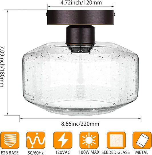SunRider Industrial Semi-Flush Mount Ceiling Light Fixture, Seeded Glass Pendant Lamp Shade, Oil Rubbed Bronze Farmhouse Lights for Hallway Bedroom