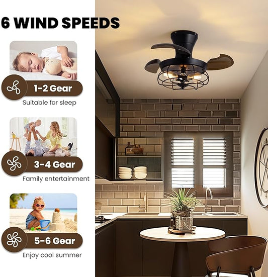 22" Retractable Ceiling Fans with Lights, Black Caged Fandelier Ceiling Fans with Remote, 6 Wind Speeds,Invisible Blades, Industrial Flush Mount Small Ceiling Fan for Bedroom Living Room