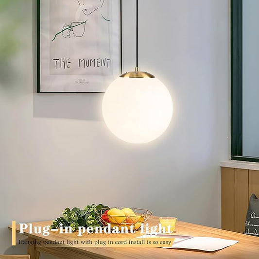 KoKo&Yukina 10" Globe Pendant Light Gold Plug in Pendant Light Adjustable Hanging Lights with Plug in Cord Brushed Gold Finished with Milk Glass Lampshade for Bedroom Kitchen Island(Bulb Included)