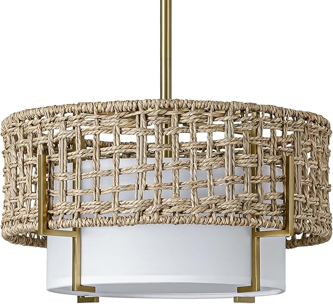 12.6" Rattan Pendant Light, 1-Light Boho Chandelier Light Fixture with Fabric Shade, Wicker Hanging Ceiling Lighting Fixture for Dining Room, Living Room, Kitchen Island, Bedroom, Hallway, Foyer