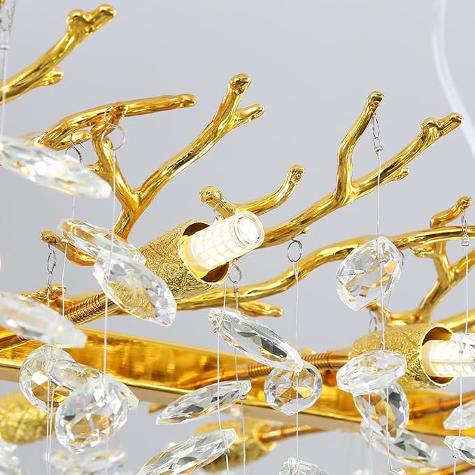 Modern Crystal Tree Branches Chandelier, 47.5in Gold 14 Lights Large Ceiling Hanging Light for Dining Room, Rectangle Raindrop Pendant Light Fixture