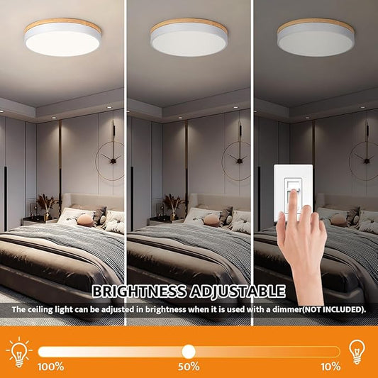 Yiisem Dimmable Wood LED Flush Mount Ceiling Light, 5CCT 2700K-6000K Modern Round Close to Ceiling Lighting Fixtures, Minimalist White Ceiling Lamp for Living Room, Bedroom, Laundry Room