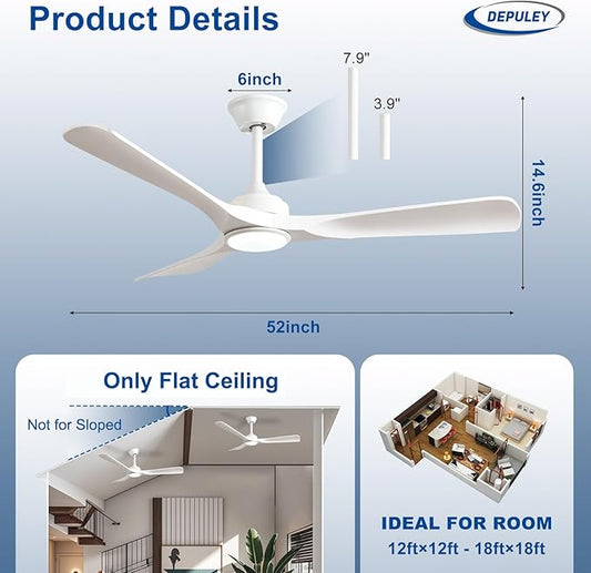 Depuley Ceiling Fan with Light and Remote: 52 Inch White 3 Blade Outdoor Fans for Patios - Dimmable Indoor Fan with Remote Control Fandelier Ceiling FansUltra Quiet DC Motor Reversible 6 Speed Timer