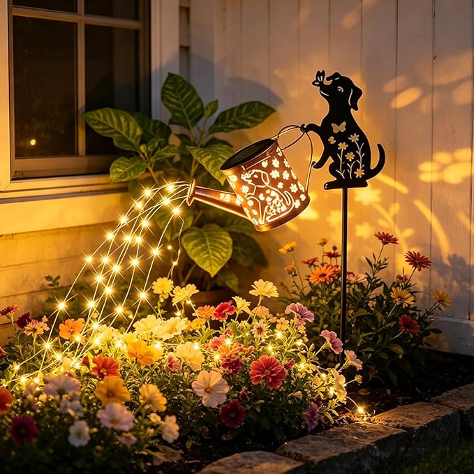 Solar Watering Can with Metal Cat and Dog Figures, Hanging Garden Decoration, Outdoor Garden Gift for Women (Dog+Cat Watering Can Lights)