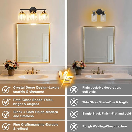 TALOYA Bathroom Vanity Light Fixtures, 3-Light Modern Black and Gold Wall Lights Over Mirror with Gradient Amber Tulip Glass Shades Bathroom Wall Lamp for Mirror, Living Room,Hallway, Farmhouse