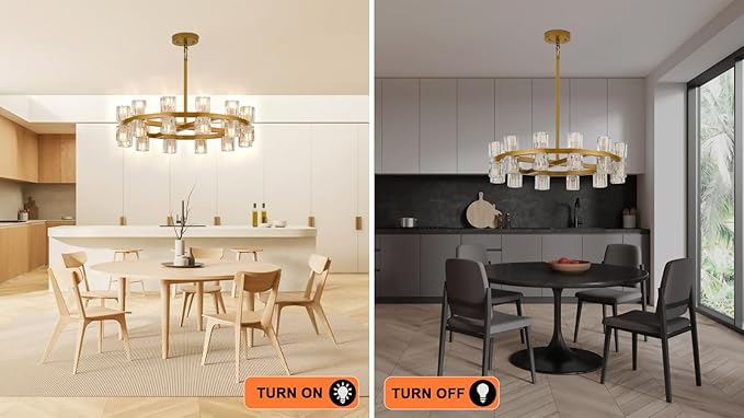 Modern 24 Inch Gold Crystal Wagon Wheel Chandelier, Large Round 24-Light Pendant Lighting Fixture, Adjustable Height for High Ceilings Living Room, Dining Room, Foyer, Entryways (gold-24in)