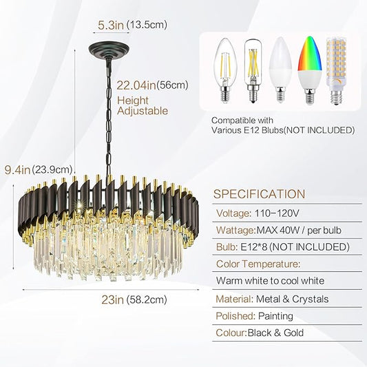 24" Modern Black and Gold Crystal Chandelier for Dining Room,5-Tier 8 Lights K9 Crystal Round Ceiling Light Fixture,Large Pendant Lighting Chandeliers for Living Room Entryway Foyer