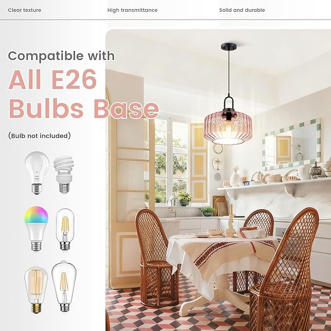 Pink Pendant Lights Fixture Mid Century Modern Pendant Lighting Large Glass Globe Shade Adjustable Cord Pendant Light Vintage Ceiling Hanging Lights for Dining Room Kitchen Island