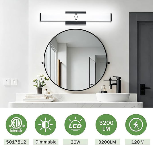32 Inch Bathroom Vanity Light 3200LM, 5700K Daylight White Modern Bathroom Light Dimmable, AC 120V 36W Matte Black LED Vanity Lighting Fixtures Wall Sconce ETL Certified, 1Pack