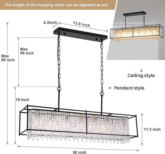 Crystal Chandeliers for Dining Room,50IN Modern Black Chandelier for Living Room, Adjustable Height, 7-Light Pendant Light Fixture,Rectangle Lighting for Kitchen Island Living Room