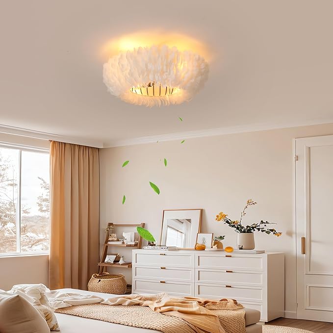 20" Modern Ceiling Fans with Lights and Remote Control,White Feather Chandeliers Stylish Low Profile Ceiling Fan for Bedroom, Living Room and Small Spaces,Featuring Reversible Motor, 6 Speeds