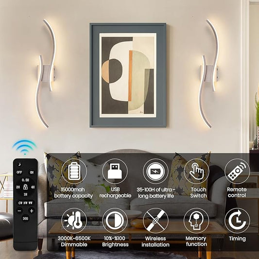 Battery Operated Wall Sconces Set of 2, Rechargeable Dimmable Battery Wall Light with Remote Control, Brushed Nickel LED Wireless Wall Light for Living Room Bedroom Hallway,31.5inch (Brushed Nickel)