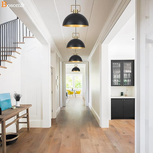 Matte Black Farmhouse Pendant Light 2 Pack Adjustable Height Vintage Hanging Industrial Ceiling Lights Fixture for Kitchen Island Hallway Dining Room Dome Chandelier Modern Pendant Lighting 12''