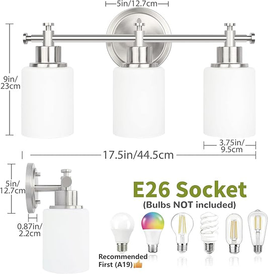 3-Light Bathroom Vanity Light Fixtures, Brushed Nickel Bathroom Wall Sconce, Modern Vanity Light with Milky White Glass Shade Over Mirror, Bathroom, Bedroom, E26 Base, 17 Inch