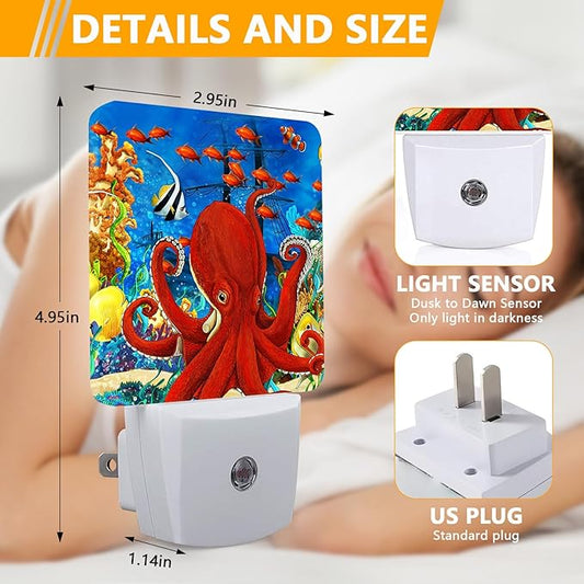 Red Octopus Night Light, Fish Sea Plug-into Nightlight White LED Lamp, Energy Efficient Decor Desk Lamp for Bedroom Hallway Stairs Bathroom