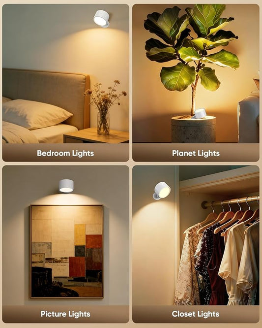 LED Wall Mounted Lights 2 Pcs with Remote, Rechargeable Wall Sconce with 3 Color Temps & Dimmable Magnetic 360° Rotation Cordless Light for Bedroom Reading Bedside (White, 1 Pack)