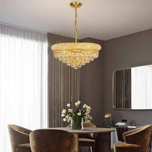 Crystal Chandeliers for Dining Room Light Fixtures Over Table, Empire Style k9 Crystal Chandelier for Bedroom, 9 Lights Gold Luxury Lighting Fixtures for Living Room Kitchen lsland Entryway D22 Inch