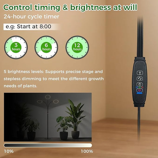 Grow Light for Indoor Plants with Stand, 48W 216 LED 3-Heads Full Spectrum Plant Lamp, 5.5FT Adjustable Tall Stand, Auto On/Off Timer (3/9/12H), 10 Dimming Levels for Seedling Veg Flowering
