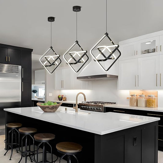 Modern LED Pendant Light Black Pendant Lights 4000K 35W Dimmable External Glow Height Adjustable Pendant Lighting Rectangle Chandelier for Kitchen Island Dining Room Bedroom Foyer(3-Ring)