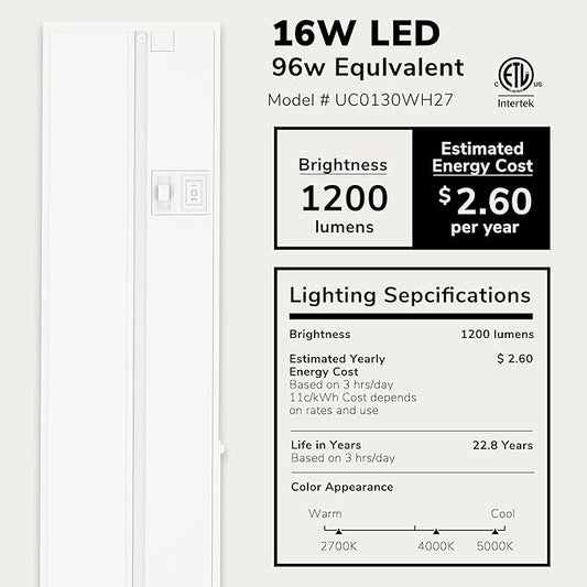 LAGOM Halo Under Cabinet Light, 30‑Inch Hardwired Dimmable LED, 2700K/4000K/5000K, Power Cord Sold Separately, White, UC0130WH27